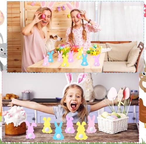 Menkxi 22 Pcs Easter Wooden Bunny Cutouts for Crafts Unfinished Easter Wood Cutouts Bunny Table Sign Rabbit Tabletop Decoration with 22 White Felt Balls Pom Ball 60 Adhesive Dots for DIY Craft Spring - Image 5