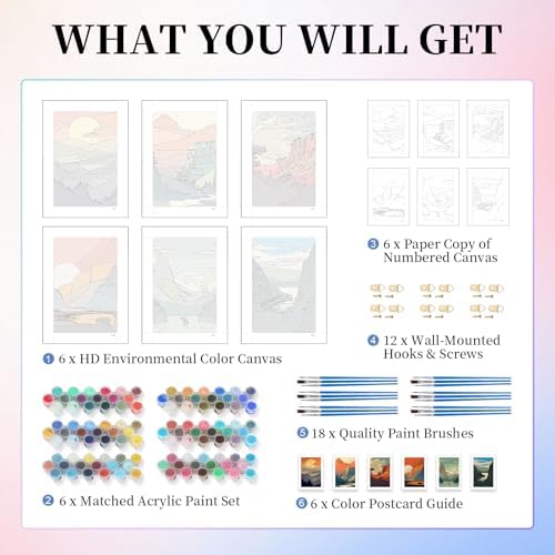 6 Pack Paint by Numbers Kit for Adults, National Park Canvas Painting Set - Image 4
