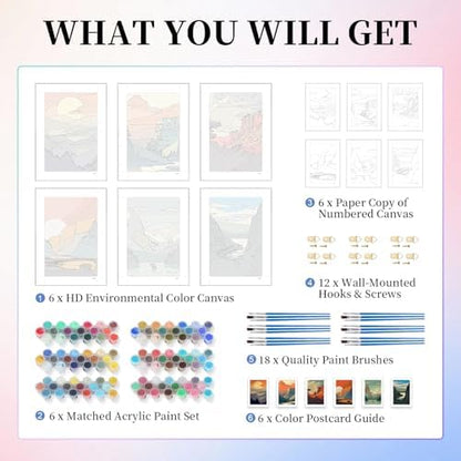 6 Pack Paint by Numbers Kit for Adults, National Park Canvas Painting Set - Image 4