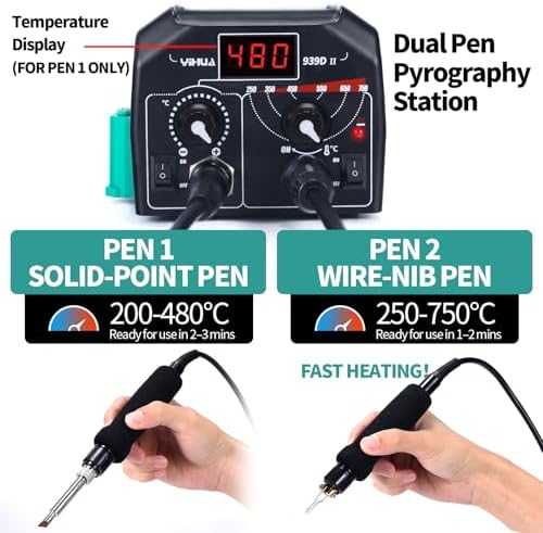 YIHUA 939D-II Pyrography Pen Wood Burning Kit Station 2-in-1 Solid-Point 200~480°C (with Temp Display)/Wire-Nib 250~750°C with 20 Nibs, Solid Points, 1 Stable Pen Holder, 2 Scrap Wood (Green) - Image 2