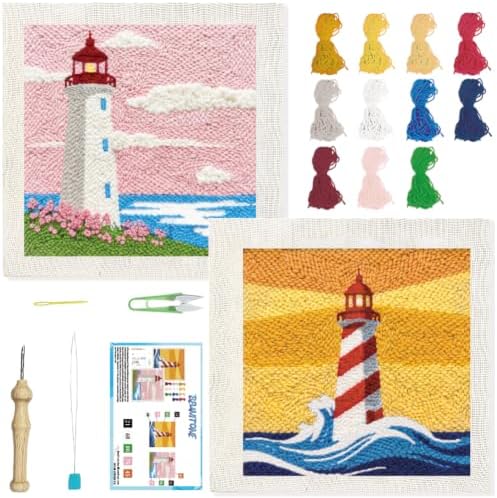 BEUNITONE 2Set Punch Needle Kit with Frame for Adults Beginners, Lighthouse Needlepoint Crafts Kit for Adults, Complete Embroidery Starter Kits with Pre-Print Pattern for Gift Home Decor 9.4"x9.4" by BEUNITONE