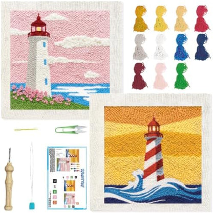 BEUNITONE 2Set Punch Needle Kit with Frame for Adults Beginners, Lighthouse Needlepoint Crafts Kit for Adults, Complete Embroidery Starter Kits with Pre-Print Pattern for Gift Home Decor 9.4"x9.4" by BEUNITONE