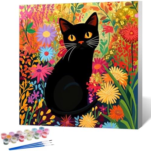 Framed Paint by Numbers Kit for Adults, Black Cat & Flower Decor 10x10 Inch by Okarina
