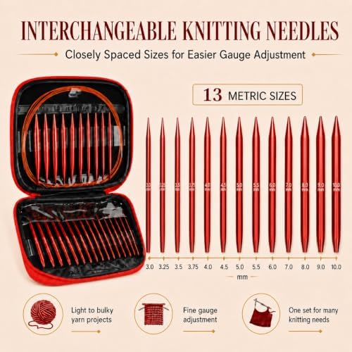 Aeelike 13 Pair Interchangeable Circular Knitting Needles Set 3-10 mm, Red - Image 2