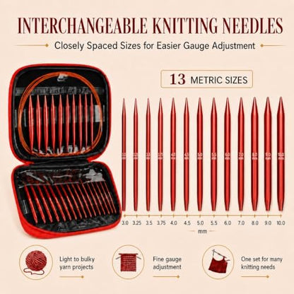 Aeelike 13 Pair Interchangeable Circular Knitting Needles Set 3-10 mm, Red - Image 2