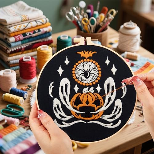 Halloween Embroidery Kits for Beginners Adults, Ghost Embroidery Starter Kits, Halloween Cross Stitch Kits for Beginners Adults Hobbies for Women, Embroidery Fabric, Threads, Hoops and Video Tutorial - Image 7