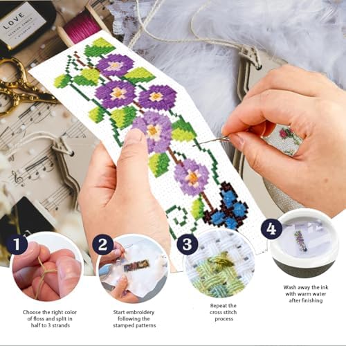 INFUNLY 6pcs Wisteria Floral Cross Stitch Bookmark Kit for Adults DIY Purple Vine Embroidery Bookmark Kits Butterfly Purple Flower Cross-Stitch Pre-Printed Bookmarks with Instructions for Book Lovers - Image 4