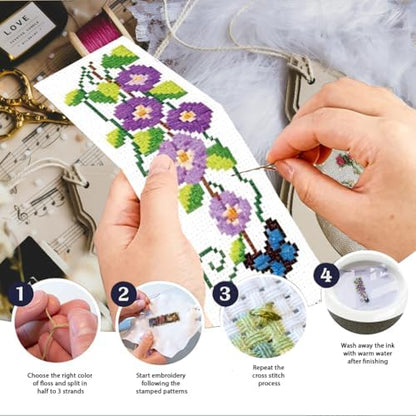 INFUNLY 6pcs Wisteria Floral Cross Stitch Bookmark Kit for Adults DIY Purple Vine Embroidery Bookmark Kits Butterfly Purple Flower Cross-Stitch Pre-Printed Bookmarks with Instructions for Book Lovers - Image 4