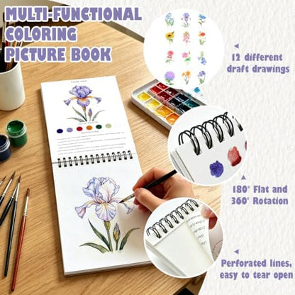 Watercolor Workbook, Water Coloring Book with 13 Pages, Flower Theme Painting Practice Book with Pre-Drawn Outline Pages, Floral Coloring Book for Adults, Beginners & Art Lovers - Image 4