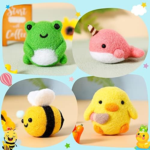 WATINC Set of 4 Cute Animal Needle Felting Starter Kit Frog Chick Bee Narwhal Animal Doll Wool Felting Tools Felt Needles Foam Mat DIY Needlework Craft Party Supplies for Beginners Adults - Image 5