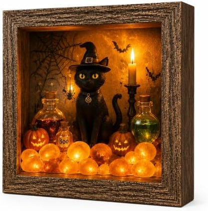DIY Halloween Shadow Box Night Light Kit, 8.5 Inch Wooden Frame LED Craft Set with Luminous Stones & Acrylic Panels, Create Your Own Spooky Ghost & Pumpkin Scene, Fall Autumn Tabletop Home Decor by Unknown