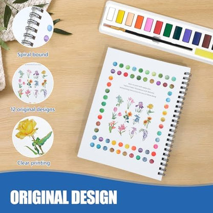 Watercolor Workbook for Beginners, Water Color Paint Book Set with Paints & Brush, 12 Beautiful Flower Patterns of Original DIY Designs, Relaxing & Creative & Joy Adult Coloring Books - Image 4