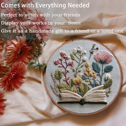 FONNUY Embroidery Kit for Beginners, Flower Book Pre-Stamped Pattern Kits for Adults with Hoop, Cross Stitch Easy to Follow Color Thread Needlework, 8'' Hoop (Green) - Image 4