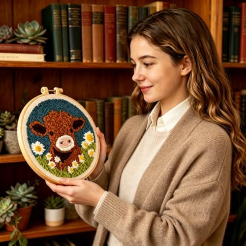 DIY Punch Needle Kits Highland Cow with Daisy Flower with Hoop 20x20cm-1 - Image 4