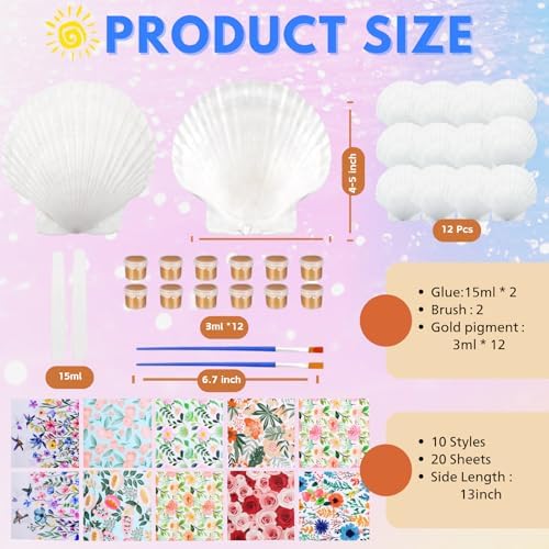 Kalaxy47 12 Sets Natural Scallop Shells for Crafts, 4-5 Inch Large Seashells with Decoupage Paper Napkins, Glue & Brushes, Complete DIY Decoupage Kit for Home Decor, Jewelry Tray & Gift Making - Image 2