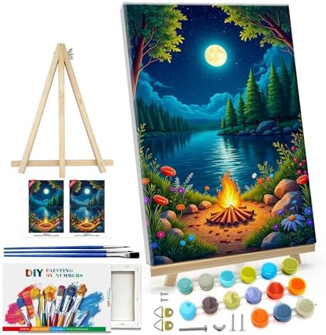 ATDMS Landscape Paint by Numbers Kit for Adults with Frame Moon Paint by Number with Easel Lake Adult Paint by Number Kits Framed Canvas DIY Oil Painting by Numbers for Gift Home Wall Decor 8x12 Inch by ATDMSDIY