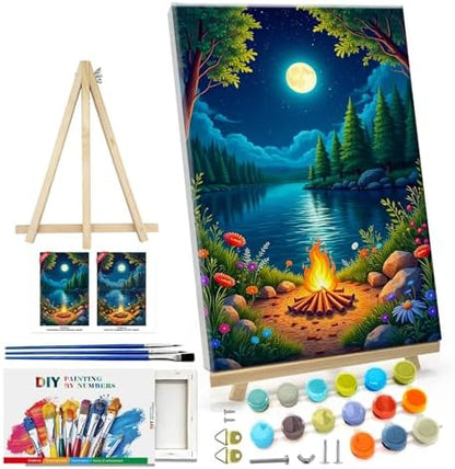 ATDMS Landscape Paint by Numbers Kit for Adults with Frame Moon Paint by Number with Easel Lake Adult Paint by Number Kits Framed Canvas DIY Oil Painting by Numbers for Gift Home Wall Decor 8x12 Inch by ATDMSDIY