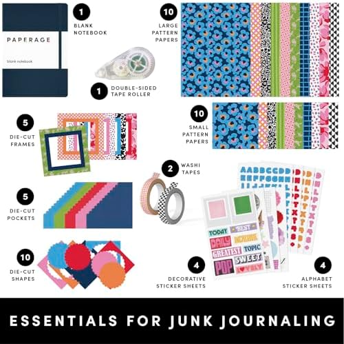 PAPERAGE Junk Journal & Scrapbook Kit, Hardcover Blank Journal Notebook, 20 Patterned Papers, 8 Sticker Sheets, 20 Die-Cut Shapes, 2 Washi Tapes & Tape Roller, Creative Journaling Supplies - Navy - Image 2