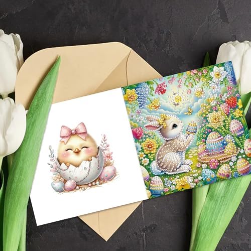 DIZAKIM 6-Piece Christmas-Themed Diamond Painting Greeting Cards Christmas Eve DIY Craft Kit Birthday Gift (Easter) - Image 5