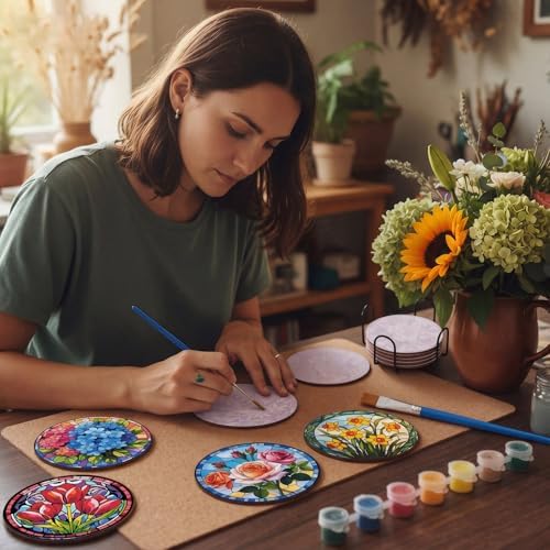 Reallnaive 16 Pcs Flower Paint by Numbers Kit for Adults Wood Floral Coaster - Image 6