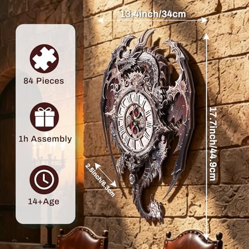 3D Puzzles for Adults Dragon Clock Crafts for Adults Wall Clock - Image 3