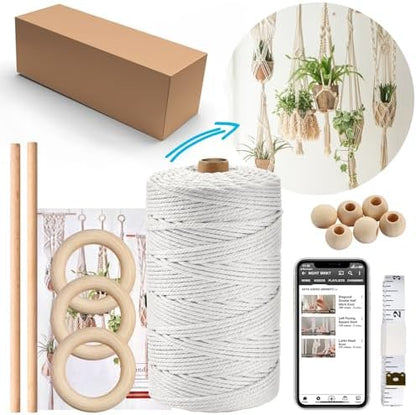 Hdviai Macrame Plant Hanger Kit, 3mm x 220Yards Cord for Adult Beginners DIY Macrame Wall Hanging Kit, with 2Pcs Wooden Dowels + Beginner's Manual + Soft Ruler+ Five Wooden Beads by FocusoncottonHdviai