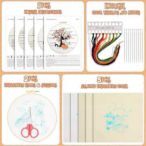 Yuxung 5 Sets Fall Embroidery Kit Halloween Embroidery Cross Stitch Kit - Image 2