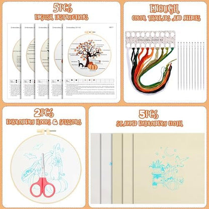 Yuxung 5 Sets Fall Embroidery Kit Halloween Embroidery Cross Stitch Kit - Image 2