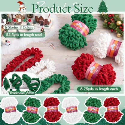 Threlaco 6 Skein Christmas Loop Yarn for Finger Knitting, Red, Green, White - Image 2