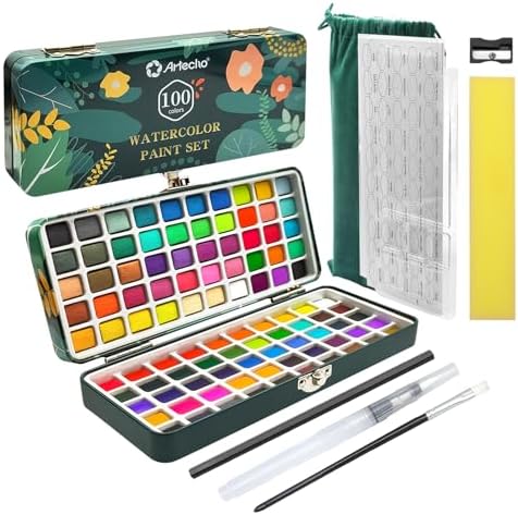 Artecho 100 Colors Watercolor Paint Set with Metallics, Portable Tin Case by Artecho