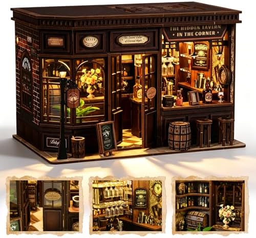 Corner Tavern Book Nook Kit, 3D Wooden Puzzle DIY Miniature House with Warm LED Light, Aesthetic Bookshelf Insert Decor for Adults & Teens by ANTREATU