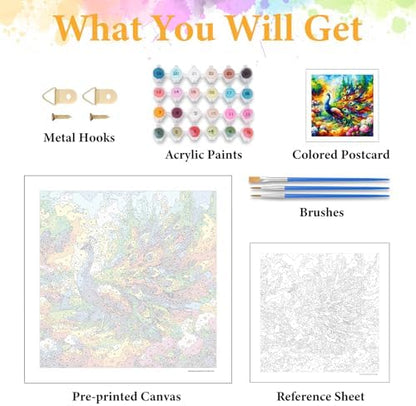 Paint by Numbers Kit for Adults, Peacock & Flower Design, 16x16 Inch - Image 5