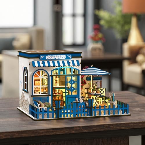 DIY Miniature Dollhouse Kit with Touch LED Light, 3D Wooden Puzzle Santorini Cafe Model, Creative Ocean Style Building Set, Arts and Crafts Gift for Adults (317 Pcs) - Image 6