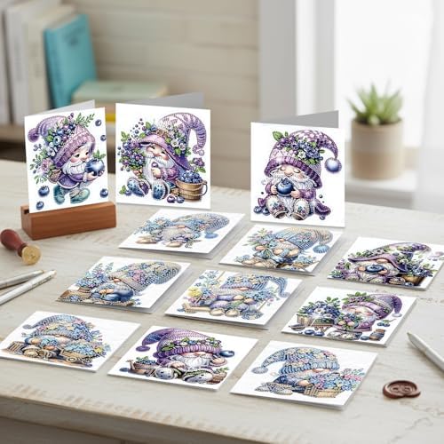 jinglinhh 12pcs Diamond Art Painting Lavender Blueberry Gnome Greeting Cards with Envelopes, DIY Card Making Kits for Adults, Diamond Art Postcards Christmas Cards Craft Gifts - Image 5