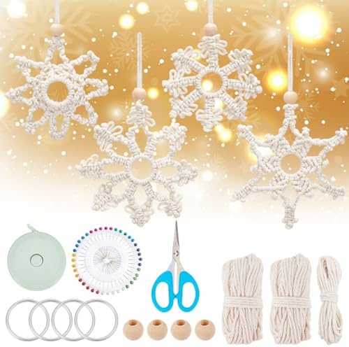 ACRNIGHEET Snowflake Christmas Macrame Kit 4PCS Boho Wall Hanging Decoration for Winter DIY Snow Macrame Kit for Adults Beginners with Step by Step Instructions by ACRNIGHEET