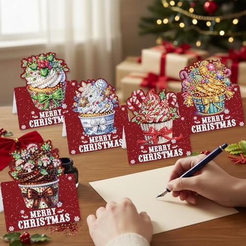jinglinhh 6pcs Diamond Art Painting Christmas Cupcake Greeting Cards with Envelopes, DIY Card Making Kits for Adults, Diamond Art Christmas Cards for Birthday Holiday Postcards - Image 7