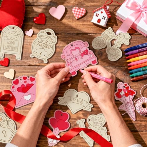 80PCS Wooden Heart Ornaments to Paint Valentine's Day Craft,10 Styles DIY Blank Unfinished Wood Heart Cutouts Ornament for Crafts Spring Tree Hanging Decorations Love - Image 7