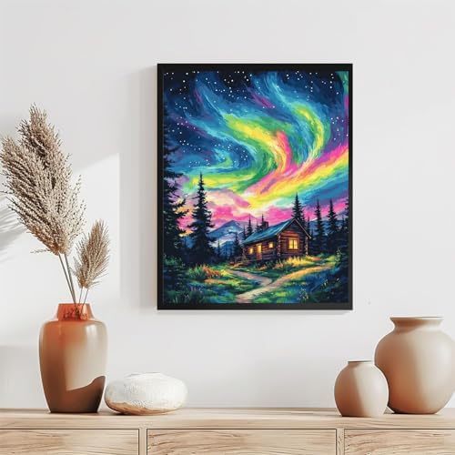 Aurora Paint by Numbers Kit for Adults Beginner,Wooden House Adult Paint by Number Kits on Canvas with Frame,Night Sky DIY Acrylic Oil Painting by Numbers Kits for Home Wall Decor 9.5x11.8 inch - Image 2