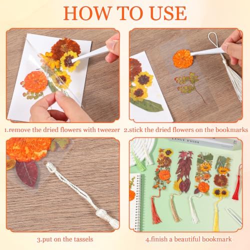 20 Sets Dried Flower Bookmark Making Kit Transparent Bookmark DIY Projects Craft Gift Bulk PET Sticker with Color Tassels and Tweezer for Classroom Activities Reading Award and Book Lovers (Autumn) - Image 4
