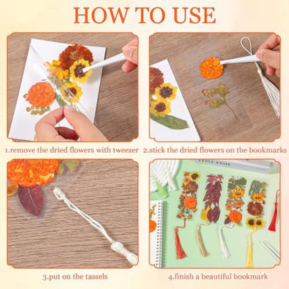 20 Sets Dried Flower Bookmark Making Kit Transparent Bookmark DIY Projects Craft Gift Bulk PET Sticker with Color Tassels and Tweezer for Classroom Activities Reading Award and Book Lovers (Autumn) - Image 4