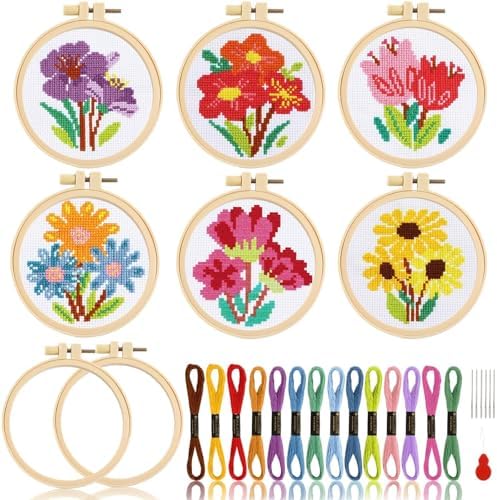 ZOIIWA 6 Pcs Flower Cross Kit for Beginner Flower DIY Embroidery Kit by ZOIIWA