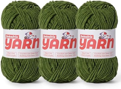 3 Pack Plush Chunky Chenille Yarn for Crocheting, Soft Fluffy Velvet Yarn for Crocheting, Fuzzy Baby Blanket Knitting Yarn, 300g/393yds Bulky Amigurumi Yarns（3 Pine Green） by Sekafris