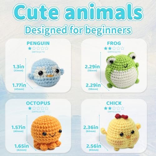 YAMAXIN Crochet Kit for Beginners Adults – 4PCS Animal Amigurumi Crochet Starter Kit with Yarn, Hooks, Tools, and Video Tutorials – DIY Knitting Craft Kit (Chick, Frog, Penguin, Octopus) - Image 4