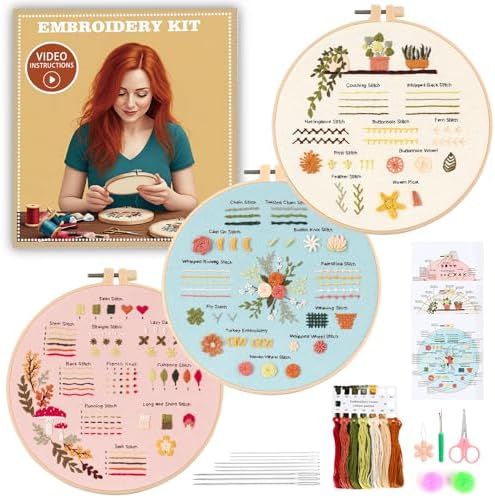 JOINRUN Beginner Embroidery Kit for Adults, 3 Pack with Video Tutorial by JOINRUN