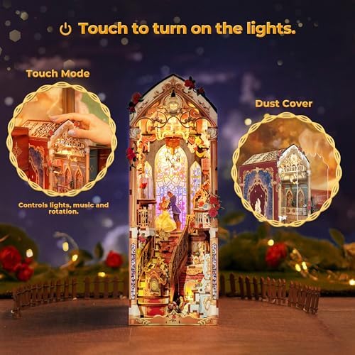 Tonecheer DIY Book Nook Kit for Adults, 3D Wooden Puzzle Music Booknook Miniature Dollhouse, Fairy Tale Bookend Bookshelf Decor with Dust Cover and LED Lights Gifts (Beast‌ and Beauty) - Image 5