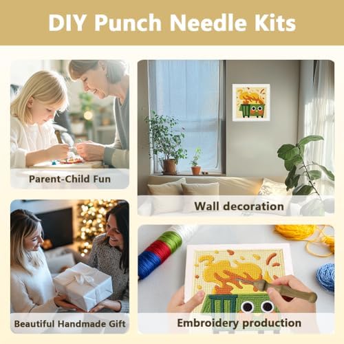 Doodlream Burning Trash Can Needle Kit for Beginner, 9.4"x 9.4" Funny Cartoon Punch Stitching Craft Set, DIY Embroidery Starter with Printed Frame, Instruction, Threader, Yarn, Pinch Needle - Image 4