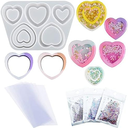 Resin Shaker Silicone Molds, Heart-Shaped Quicksand Silicone Molds Resin Casting Molds Epoxy with PVC Sheets and Colored Beads for Jewelry Making by Yayatty