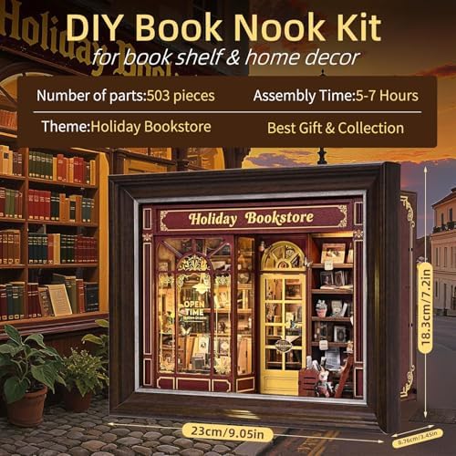 Book Nook Kit-3D Wooden Puzzle with LED Switch Control & Wall-Mountable Frame,DIY Miniature House for Beginners,Bookshelf/Tabletop/Wall Decor for Craft Lovers,Dollhouse Gift,Holiday Bookstore - Image 5