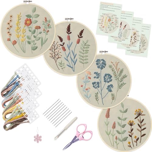 Bonroy 4 Sets Embroidery Kit for Beginners,Embroidery Kit for Art Craft Handy Sewing Include Embroidery Clothes with Pattern,Embroidery Hoops, Instructions,Color Threads Needle Kit (Multi 5) by Bonroy