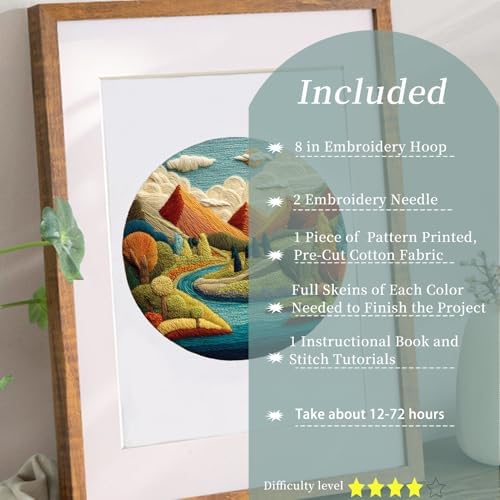 FONNUY Embroidery Kit for Beginners, Brightly Colored Landscape Lake Pre-Stamped Pattern Kits for Adults with Hoop, Easy to Follow Color Thread Needlework, 8'' Hoop (Blue) - Image 2